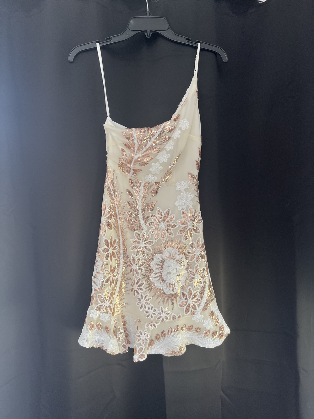 SELFIE LESLIE; Sequin Floral Dress in Ivory and Rose Gold